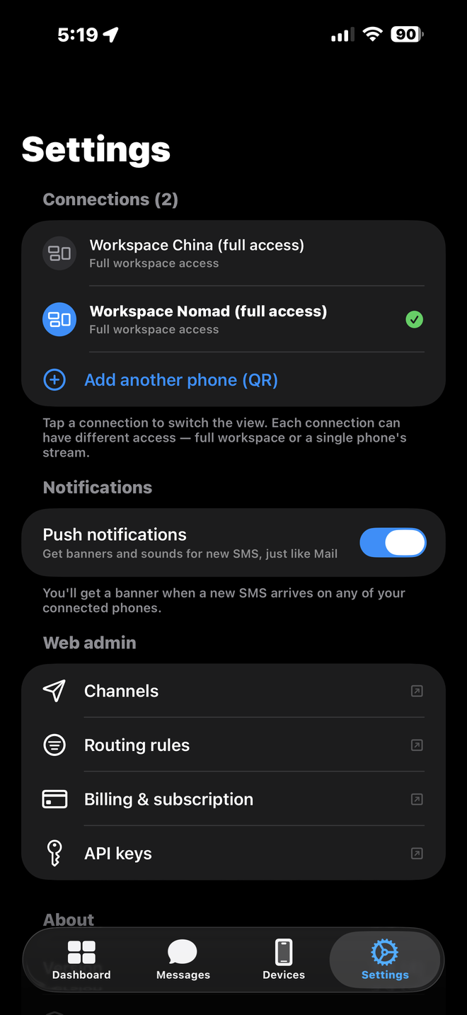 iOS Settings, Connections list showing two workspaces