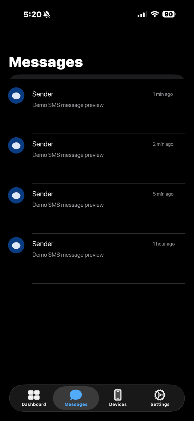 iOS Messages tab showing the live SMS inbox