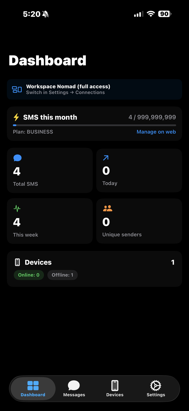 iOS Dashboard with the active workspace and monthly counter
